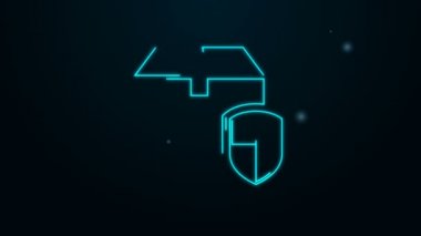 Parlayan neon hattı Sevkiyat paketi güvenlik sembolü ve siyah arka planda izole edilmiş kalkan simgesi. Teslimat sigortası. Kalkanın ötesinde sigorta kutuları var. 4K Video hareketli grafik canlandırması
