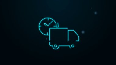 Parlayan neon hattı lojistik dağıtım kamyonu ve saat simgesi siyah arka planda izole edildi. Teslimat zamanı ikonu. 4K Video hareketli grafik canlandırması