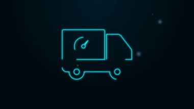Parlayan neon hattı lojistik dağıtım kamyonu ve kronometre ikonu siyah arka planda izole edildi. Teslimat zamanı ikonu. 4K Video hareketli grafik canlandırması