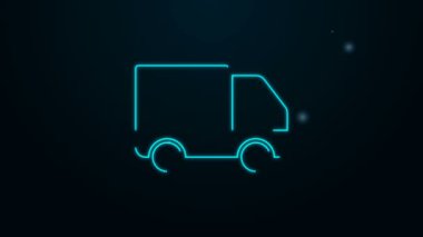 Parlayan neon hattı kargo kamyonu ikonu siyah arka planda izole edildi. 4K Video hareketli grafik canlandırması