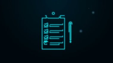 Parlayan neon hattı iletim listesi panosu ve kalem simgesinin doğrulanması siyah arkaplanda izole edildi. 4K Video hareketli grafik canlandırması