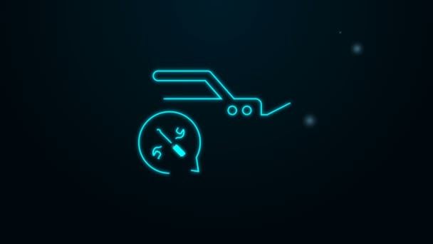 Glowing neon line Video camera with screwdriver and wrench icon isolated on black background. Adjusting, service, setting, maintenance, repair, fixing. 4K Video motion graphic animation — Stock Video