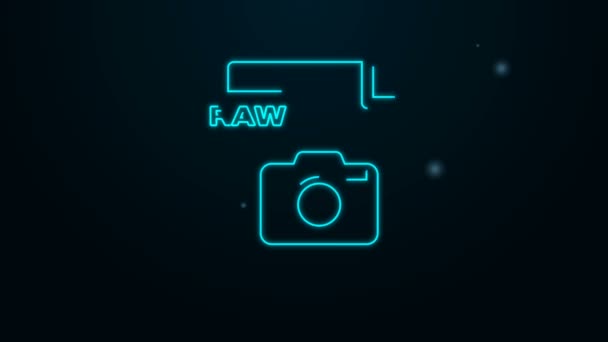 Świecący neonowy dokument RAW. Pobierz ikonę surowego przycisku na czarnym tle. Symbol pliku RAW. 4K Animacja graficzna ruchu wideo — Wideo stockowe