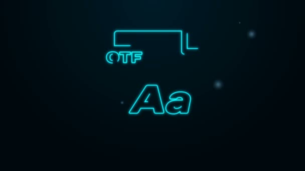 Освітлюючий файл неонового рядка OTF. Звантажити піктограму кнопок otf ізольовано на чорному тлі. Символ файла OTF. 4K Відео рух графічна анімація — стокове відео