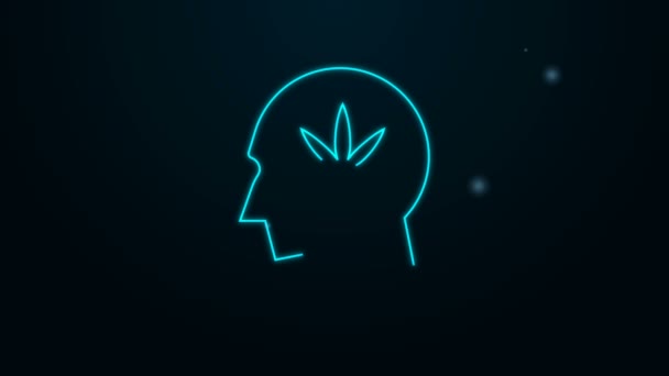 Világító neon vonal Sziluett férfi fej profilban marihuána vagy cannabis levél ikon elszigetelt fekete alapon. Marihuána legalizáció. Kenderszimbólum. 4K Videó mozgás grafikus animáció — Stock videók