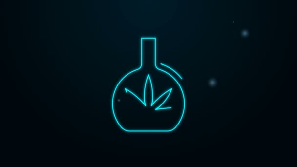 Ligne lumineuse néon Tube à essai chimique avec icône de feuille de cannabis ou de marijuana isolé sur fond noir. Concept de recherche. Laboratoire CBD concept d'huile. Animation graphique de mouvement vidéo 4K — Video