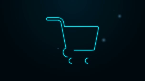 Glowing neon line Shopping cart with house icon isolated on black background. Buy house concept. Home loan concept, rent, buying a property. 4K Video motion graphic animation — Stock Video