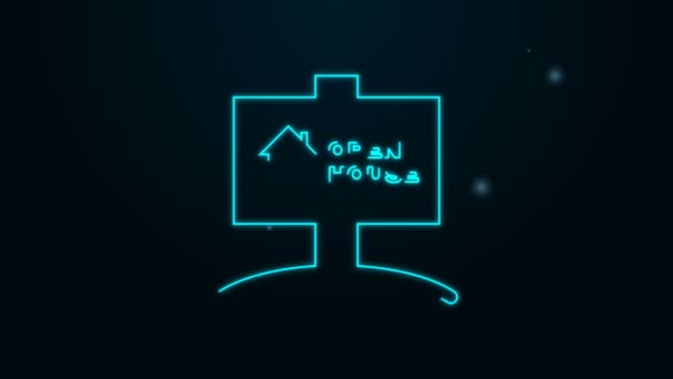 Збільшення неонової лінії Повішення знака з іконою відкритого дому, ізольованою на чорному тлі. Сигборд з текстовим відкритим будинком. 4K Відеографічна анімація — стокове відео