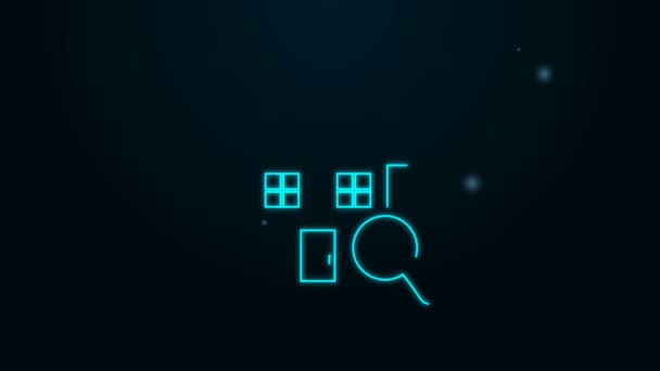 Glowing neon line Search house icon isolated on black background. Real estate symbol of a house under magnifying glass. 4K Video motion graphic animation — Stock Video