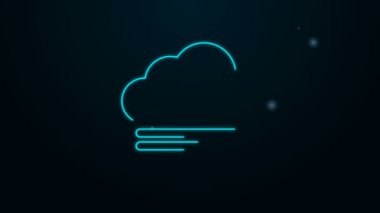Parlayan neon hattı. Rüzgarlı hava ikonu siyah arkaplanda izole edildi. Bulut ve rüzgar. 4K Video hareketli grafik canlandırması