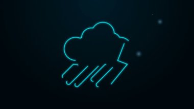 Siyah zemin üzerinde yağmur ve yıldırım simgesi olan parlayan neon hattı. Yağmur damlalı yağmur bulutu yağışı. Fırtına ikonu. 4K Video hareketli grafik canlandırması