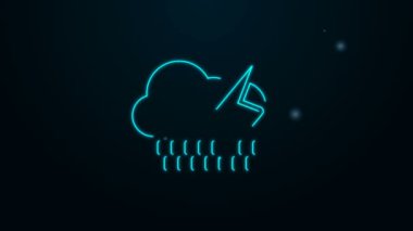Siyah zemin üzerinde yağmur ve yıldırım simgesi olan parlayan neon hattı. Yağmur damlalı yağmur bulutu yağışı. Fırtına ikonu. 4K Video hareketli grafik canlandırması