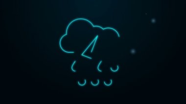 Siyah zemin üzerinde yağmur ve yıldırım simgesi olan parlayan neon hattı. Yağmur damlalı yağmur bulutu yağışı. Fırtına ikonu. 4K Video hareketli grafik canlandırması