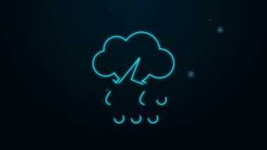 Siyah zemin üzerinde yağmur ve yıldırım simgesi olan parlayan neon hattı. Yağmur damlalı yağmur bulutu yağışı. Fırtına ikonu. 4K Video hareketli grafik canlandırması