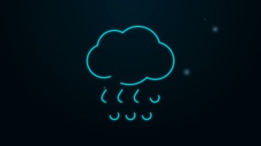 Siyah zemin üzerinde yağmur ikonu olan parlak neon çizgisi. Yağmur damlaları ile yağmur bulutu yağışı. 4K Video hareketli grafik canlandırması