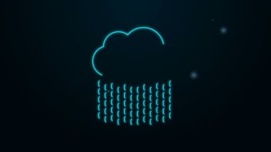 Siyah zemin üzerinde yağmur ikonu olan parlak neon çizgisi. Yağmur damlaları ile yağmur bulutu yağışı. 4K Video hareketli grafik canlandırması