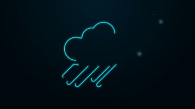 Siyah zemin üzerinde yağmur ikonu olan parlak neon çizgisi. Yağmur damlaları ile yağmur bulutu yağışı. 4K Video hareketli grafik canlandırması