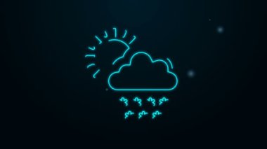 Siyah zemin üzerinde kar ve güneş ikonu olan parlak neon çizgisi. Kar taneli bulut. Tek hava ikonu. Kar tabelası. 4K Video hareketli grafik canlandırması