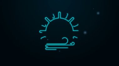 Parlayan neon çizgisi. Rüzgâr ve güneş ikonu siyah arkaplanda izole edilmiş. Rüzgarlı bir hava. 4K Video hareketli grafik canlandırması