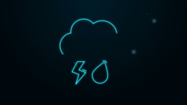 Siyah zemin üzerinde yağmur ve yıldırım simgesi olan parlayan neon hattı. Yağmur damlalı yağmur bulutu yağışı. Fırtına ikonu. 4K Video hareketli grafik canlandırması