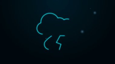 Siyah zemin üzerinde yağmur ve yıldırım simgesi olan parlayan neon hattı. Yağmur damlalı yağmur bulutu yağışı. Fırtına ikonu. 4K Video hareketli grafik canlandırması