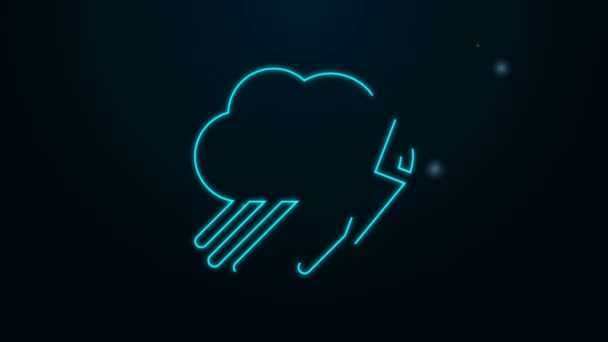 Linea neon luminosa Nuvola con icona pioggia e fulmini isolata su sfondo nero. Pioggia precipitazioni nuvolose con gocce di pioggia.Meteo icona della tempesta. Animazione grafica 4K Video motion — Video Stock