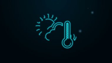 Parlak neon çizgisi termometre ve bulutlu güneş ikonu siyah arkaplanda izole edilmiş. 4K Video hareketli grafik canlandırması