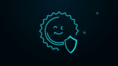 Parlayan neon hattı UV koruma simgesi siyah arkaplanda izole edildi. Güneş ve kalkan. Ultra menekşe ışınları radyasyon. SPF güneş işareti. 4K Video hareketli grafik canlandırması