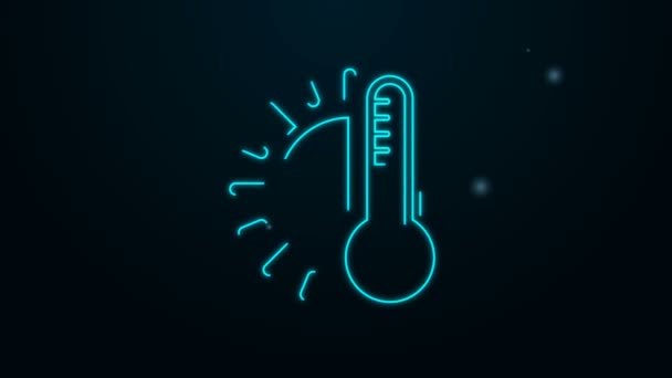 Gloeiende neon lijn thermometer met zon pictogram geïsoleerd op zwarte achtergrond. 4K Video motion grafische animatie — Stockvideo