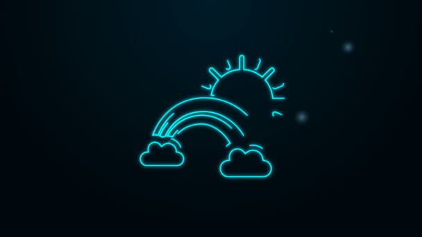 Linha de néon brilhante Arco-íris com nuvens e ícone do sol isolado no fundo preto. Animação gráfica em movimento de vídeo 4K — Vídeo de Stock