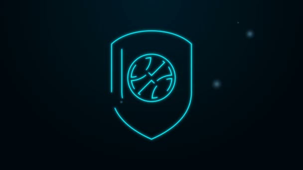 Siyah arka planda izole edilmiş ikonun içindeki basketbol topunda parlayan neon hattı kalkanı. 4K Video hareketli grafik canlandırması — Stok video