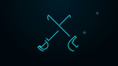 Parlayan neon hattı çapraz korsan kılıcı simgesi siyah arka planda izole edildi. Kılıç işareti. 4K Video hareketli grafik canlandırması