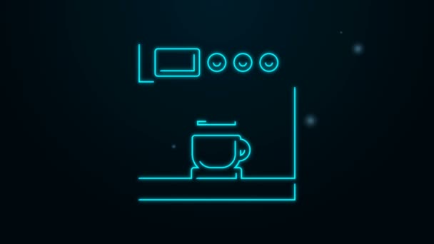 Gloeiende neon lijn Koffiemachine en koffiekopje pictogram geïsoleerd op zwarte achtergrond. 4K Video motion grafische animatie — Stockvideo