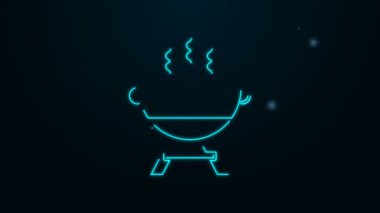 Parlayan neon hattı ızgara ikonu siyah arkaplanda izole edildi. Barbekü ızgara partisi. 4K Video hareketli grafik canlandırması