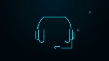 Parlayan neon hattı kulaklık simgesi siyah arkaplanda izole edildi. Kulaklıklar. Müzik, hizmet, iletişim ve operatör konsepti. 4K Video hareketli grafik canlandırması
