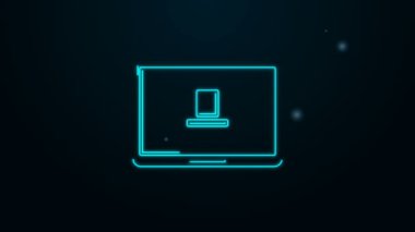 Parlayan neon hattı dizüstü bilgisayar simgesi siyah arkaplanda izole edildi. Boş ekran işaretli bilgisayar defteri. 4K Video hareketli grafik canlandırması