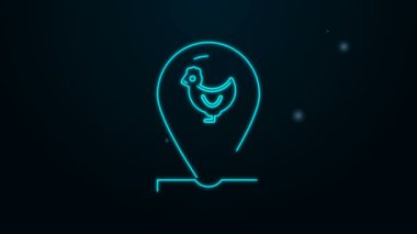 Parlayan neon hattı Tavuk çiftliği ve siyah arka planda izole edilmiş konum ikonu. 4K Video hareketli grafik canlandırması