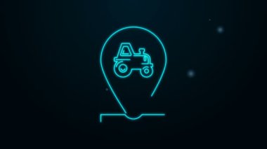 Parlayan neon hattı Traktör ve konum simgesi siyah arkaplanda izole edildi. 4K Video hareketli grafik canlandırması