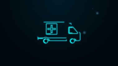 Parlayan neon hattı ambulansı ve acil durum arabası simgesi siyah arka planda izole edildi. Ambulans aracı tıbbi tahliye. 4K Video hareketli grafik canlandırması