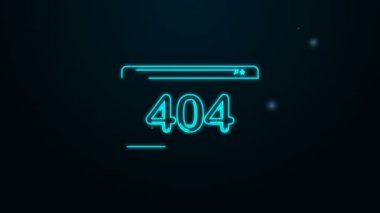 Siyah arkaplanda izole edilmiş 404 hata simgesi ile parlayan neon çizgi sayfası. Şablon sayfanın bulunmadığını bildiriyor. 4K Video hareketli grafik canlandırması