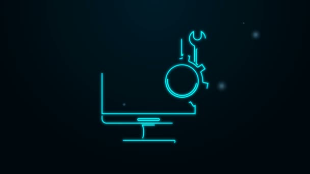 Glowing neon line Computer monitor with screwdriver and wrench icon isolated on black background. Adjusting, service, setting, maintenance, repair. 4K Video motion graphic animation — Stock Video