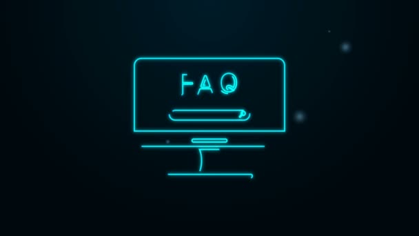 Línea de neón brillante Monitor de ordenador con texto FAQ icono de información aislado sobre fondo negro. Preguntas frecuentes. Animación gráfica de vídeo 4K — Vídeos de Stock