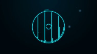 Parlayan neon çizgisi yuvarlak tahta kalkan ikonu siyah arkaplanda izole edildi. Güvenlik, güvenlik, koruma, mahremiyet, koruma kavramı. 4K Video hareketli grafik canlandırması