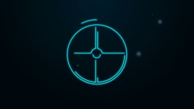 Parlayan neon çizgisi yuvarlak tahta kalkan ikonu siyah arkaplanda izole edildi. Güvenlik, güvenlik, koruma, mahremiyet, koruma kavramı. 4K Video hareketli grafik canlandırması