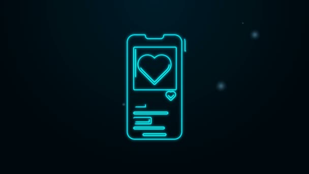 Glödande neon line Mobiltelefon med hjärta ikon isolerad på svart bakgrund. Alla hjärtans dag. 4K Video motion grafisk animation — Stockvideo