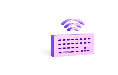 Mor Kablosuz bilgisayar klavye simgesi beyaz arkaplanda izole edildi. Bilgisayar bileşeni işareti. İnternet kavramının kablosuz bağlantısı. Minimalizm kavramı. 3d illüstrasyon 3B canlandırma.