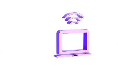 Mor kablosuz dizüstü bilgisayar simgesi beyaz arkaplanda izole edildi. İnternet kavramının kablosuz bağlantısı. Minimalizm kavramı. 3d illüstrasyon 3B canlandırma.