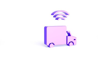 Beyaz arka planda kablosuz bağlantı ikonu olan Mor Akıllı kargo aracı. Minimalizm kavramı. 3d illüstrasyon 3B canlandırma.