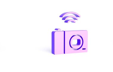 Mor Akıllı kamera sistemi simgesi beyaz arkaplanda izole edildi. İnternet kavramının kablosuz bağlantısı. Minimalizm kavramı. 3d illüstrasyon 3B canlandırma.