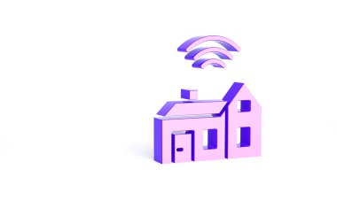Beyaz arkaplanda kablosuz simgesi olan Purple Smart evi. Uzaktan kumanda. İnternet kavramının kablosuz bağlantısı. Minimalizm kavramı. 3d illüstrasyon 3B canlandırma.